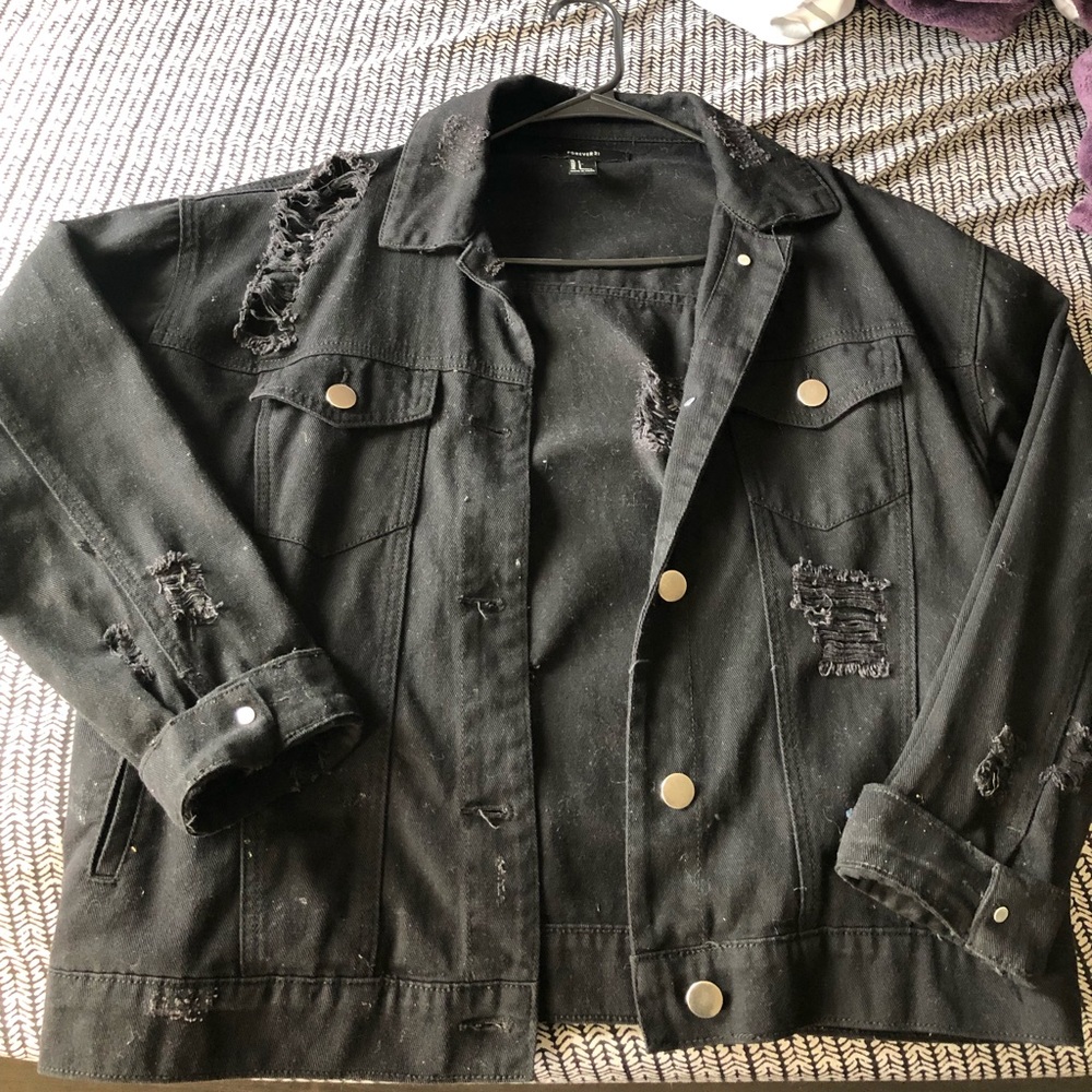 Distressed black denim jacket